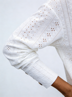 Textured Fabric Casual V-Neck Long Sleeve Button Hollow Lace Embroidered Shirt