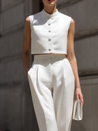 Sleeveless Stand Collar Button Down Crop Top & High Waist Pleated Tapered Pants