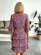 Lavender Chiffon Vacation Prints Color Round Neck Cake Skirt Splicing Dress Mid-length