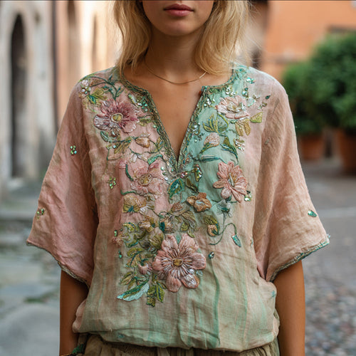 Bohemian Style Pink Flower Sequin Embroidery Vintage Pink-green V-neck Short Sleeve Shirt