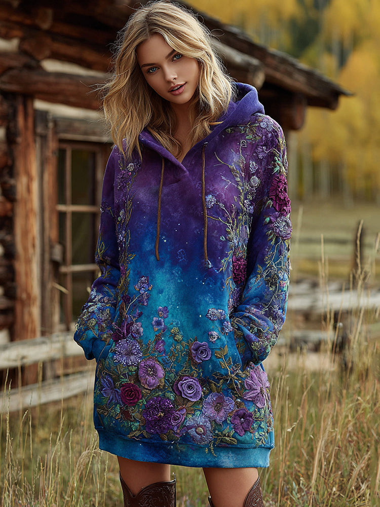 Women's Vintage Purple And Blue Lavender Patchwork And Floral Embroidered Art Gradient Comfort Hooded Dress