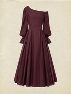Midi Cotton Dress, Long Sleeves, One Shoulder, Plain, Belt Design, French Vintage, CAMEO BROWN