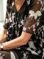 Blush Pink Floral Chiffon Maxi Dress, Round Neck Short Sleeve Loose Tummy Concealing Age-Reducing Dress for Mature Women