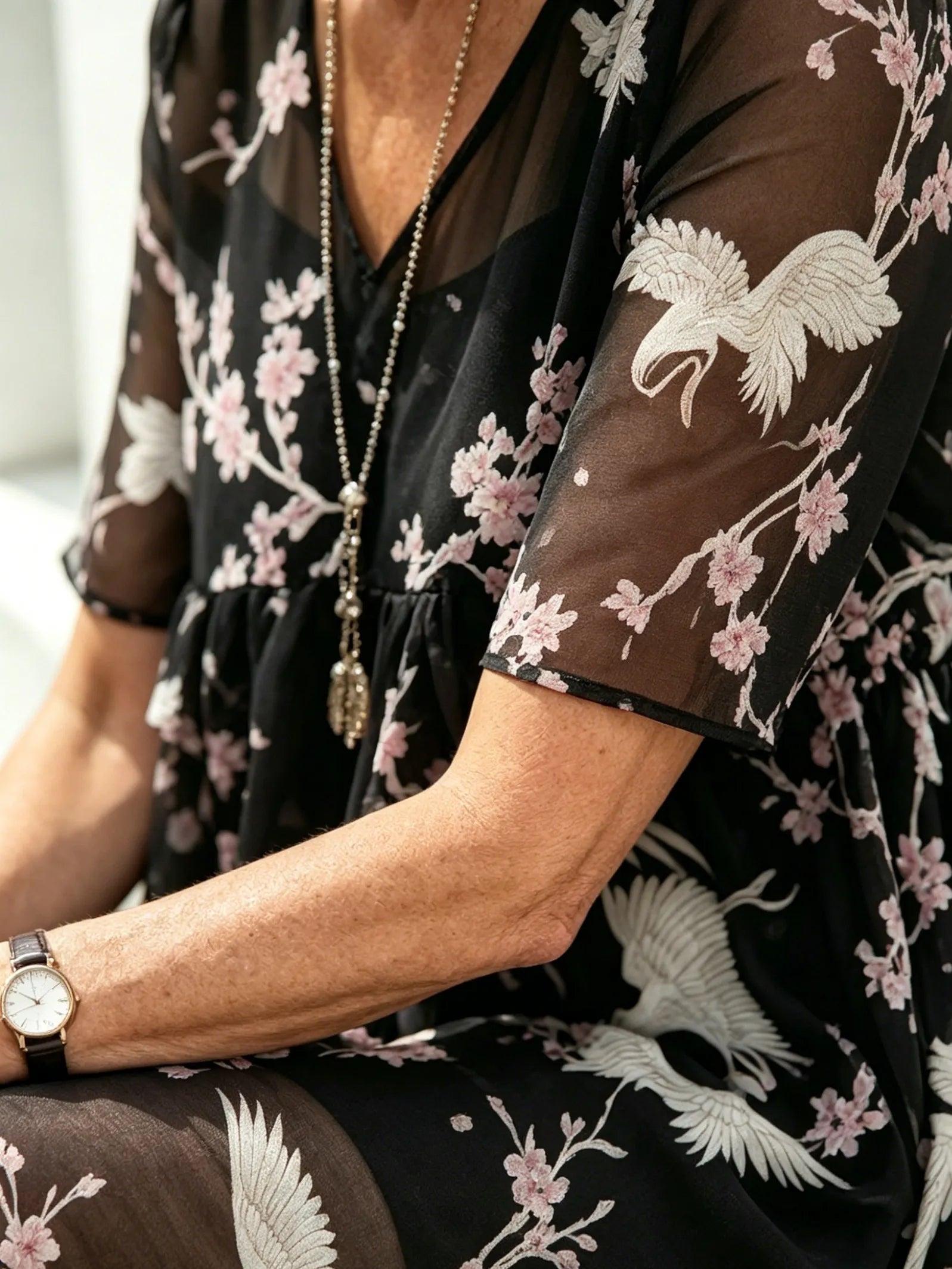 Blush Pink Floral Chiffon Maxi Dress, Round Neck Short Sleeve Loose Tummy Concealing Age-Reducing Dress for Mature Women