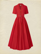 Cotton Maxi Dress, Plain, Pocket Stitching, Shawl Collar, Linen Blended, Belt, Vintage, Short Sleeves, Red