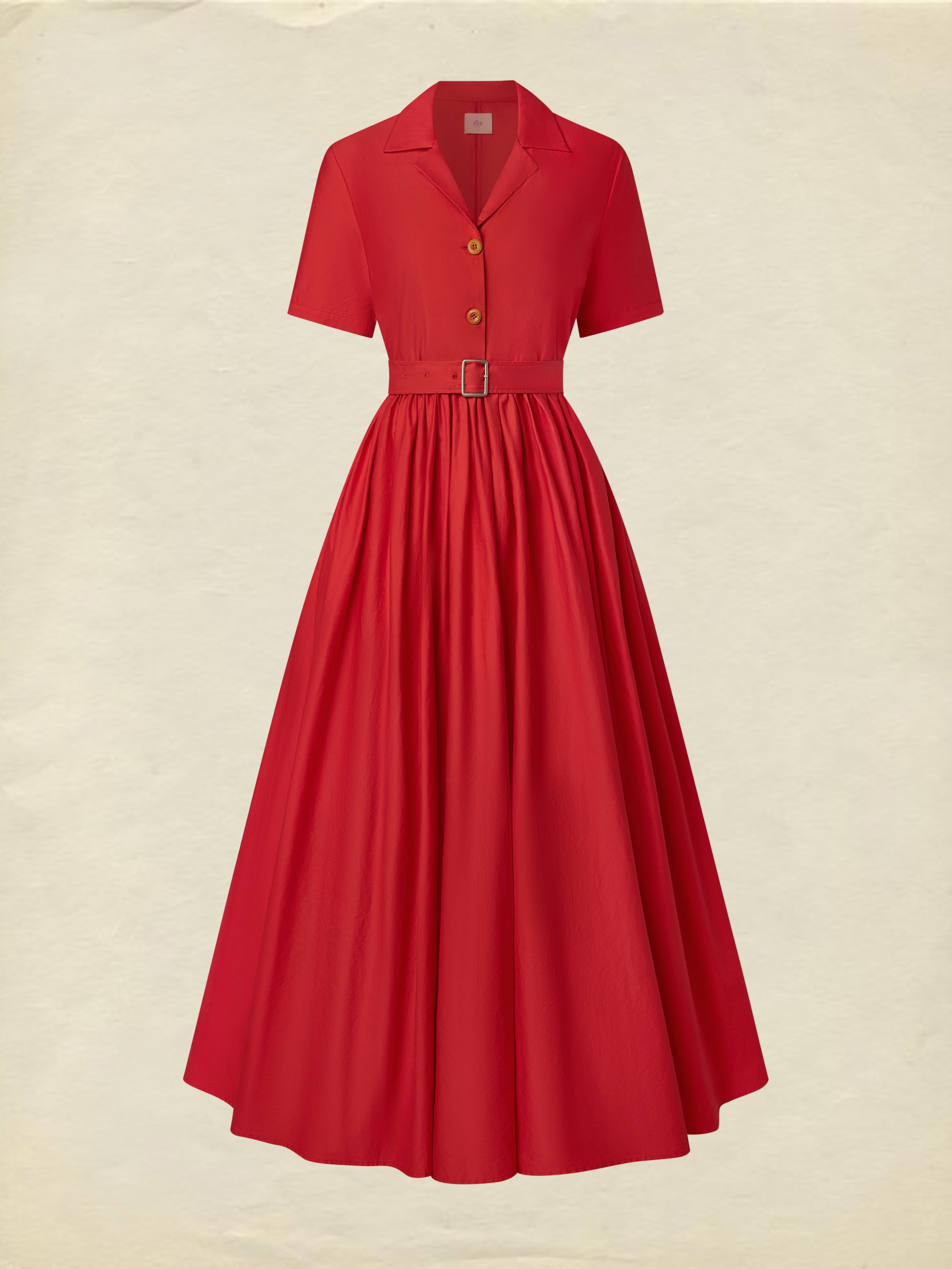 Cotton Maxi Dress, Plain, Pocket Stitching, Shawl Collar, Linen Blended, Belt, Vintage, Short Sleeves, Red
