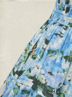 Maxi Cotton Dress, Short Sleeves, V Neck, Floral, Vintage, Blue