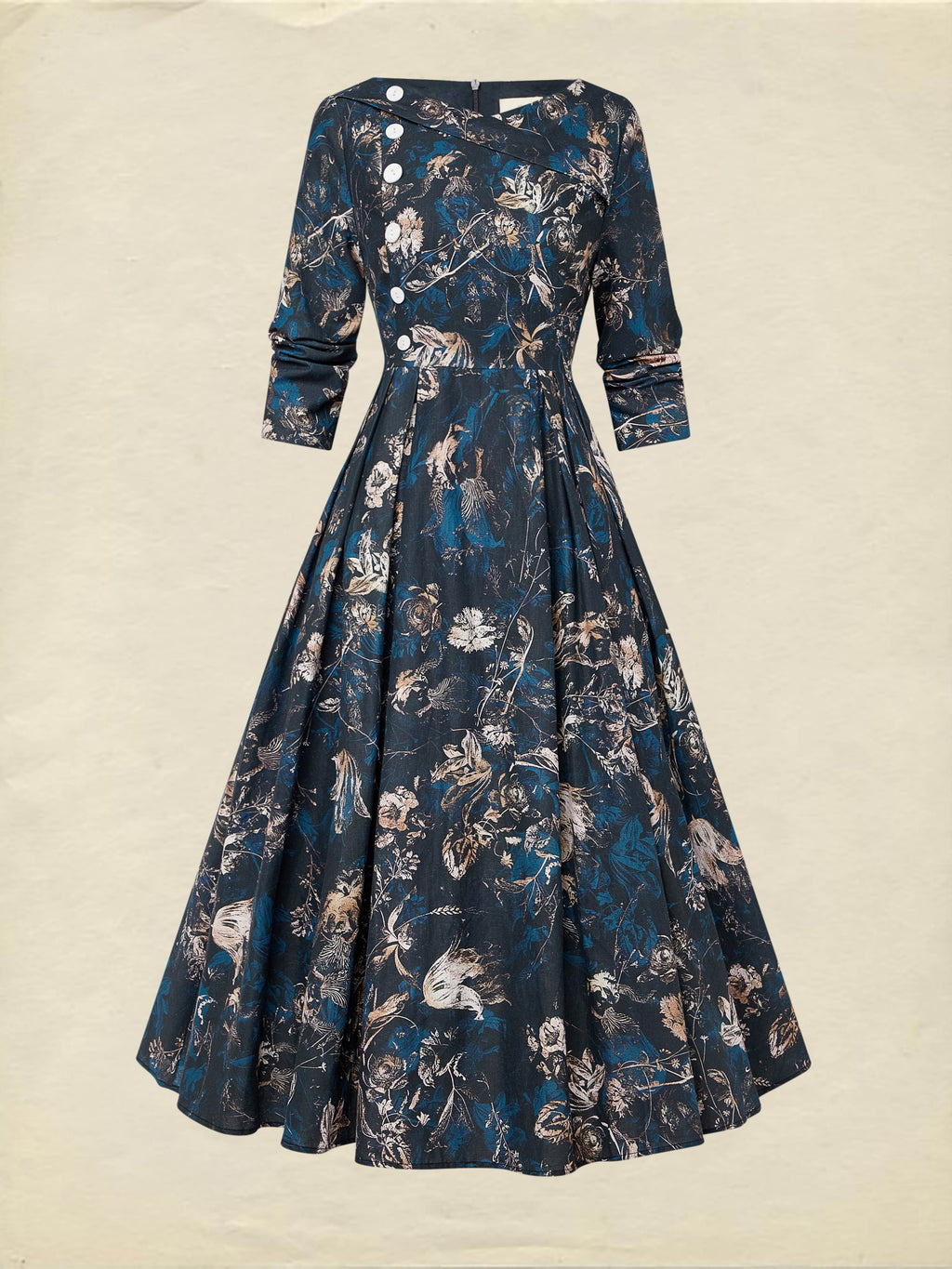 Midi Linen Dress, Long Sleeves, V Neck, Floral, Button Design, Vintage, Deep Blue