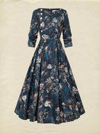 Midi Linen Dress, Long Sleeves, V Neck, Floral, Button Design, Vintage, Deep Blue