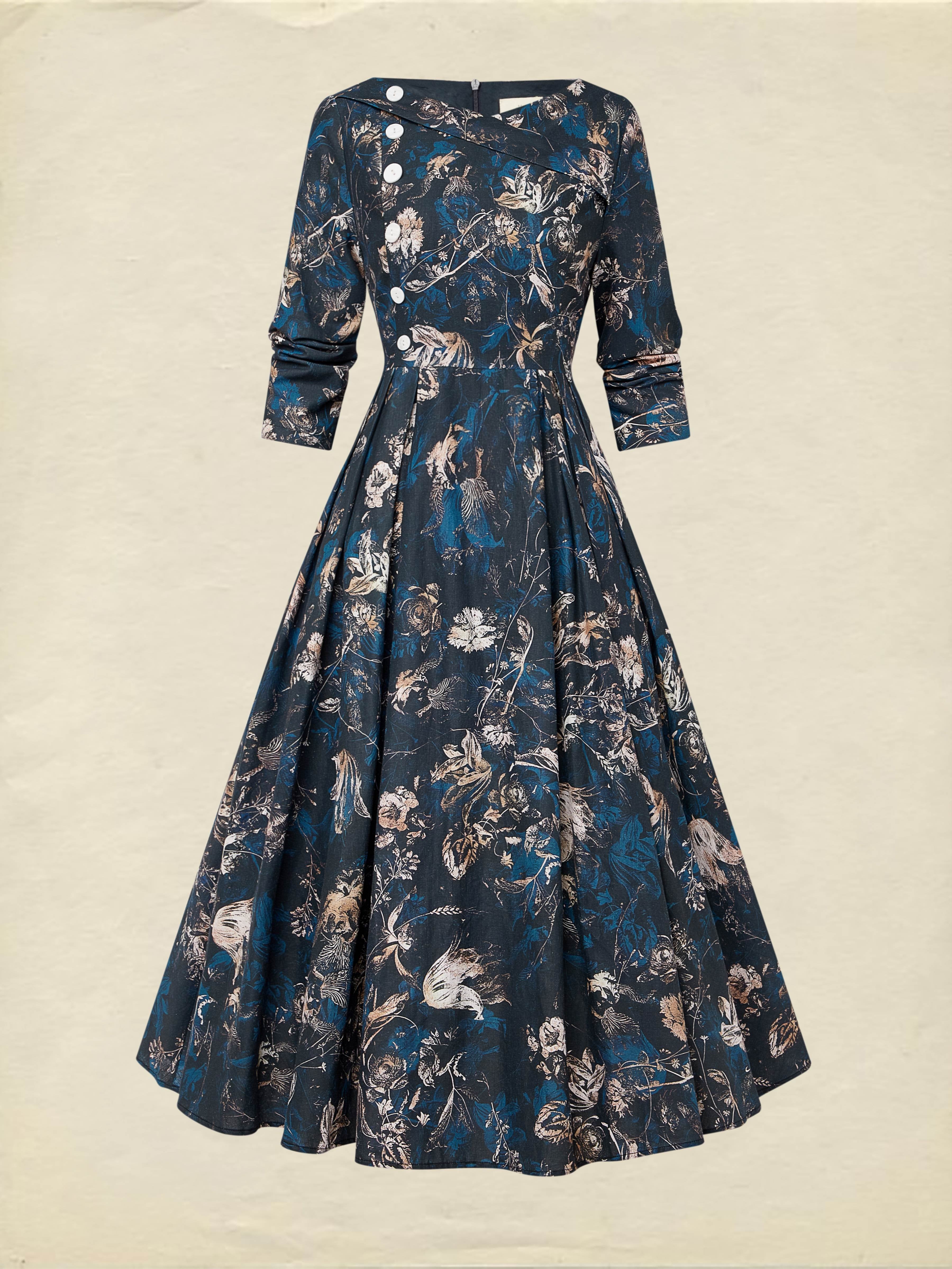 Midi Linen Dress, Long Sleeves, V Neck, Floral, Button Design, Vintage, Deep Blue