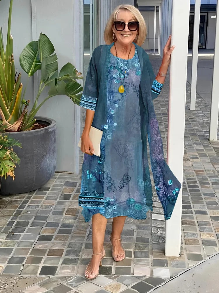 3/4 Sleeve Printing Coat & Dress Two-Piece Suit
