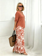 2Pcs Vacation Casual V-neck Long-sleeved Trousers Digital Printing Women's Suit