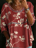 Women's Vintage Ethnic Floral Art Casual Loose Denim Blouse Shirt