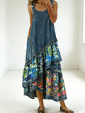Women's Fashion Floral Denim Design Sleeveless Multi-layered Ruffled Strap Dress
