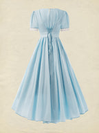 Cotton Maxi Dress, Vintage, Plain, Summer, Lace Collar, Short Sleeve, Blue
