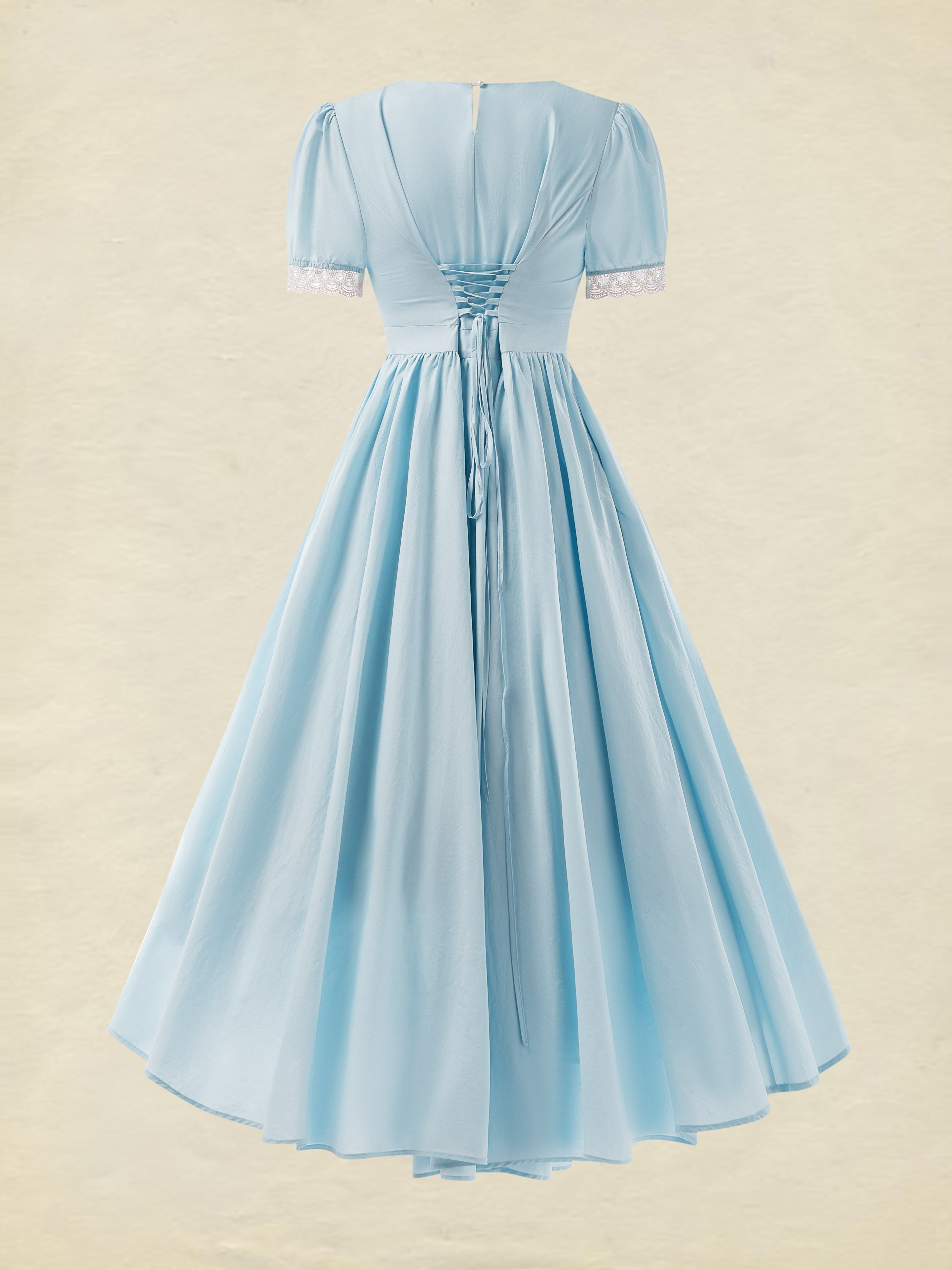 Cotton Maxi Dress, Vintage, Plain, Summer, Lace Collar, Short Sleeve, Blue