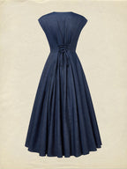 Maxi Linen Denim Dress, Short Sleeves, Sweetheart Neckline, Plain, Lace, Vintage, Blue
