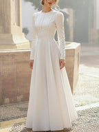 Maxi Linen Dress, Long Sleeves, Round Neck, Plain, French Vintage, White