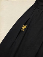 Maxi Linen Dress, Half Sleeve, V Neck, Plain, Button Design, Vintage, Black