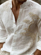 Men's Vintage Pine Tree Art Pattern Linen Blend Shirt