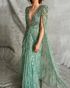 Deep V Beading Cape Sleeve Dress