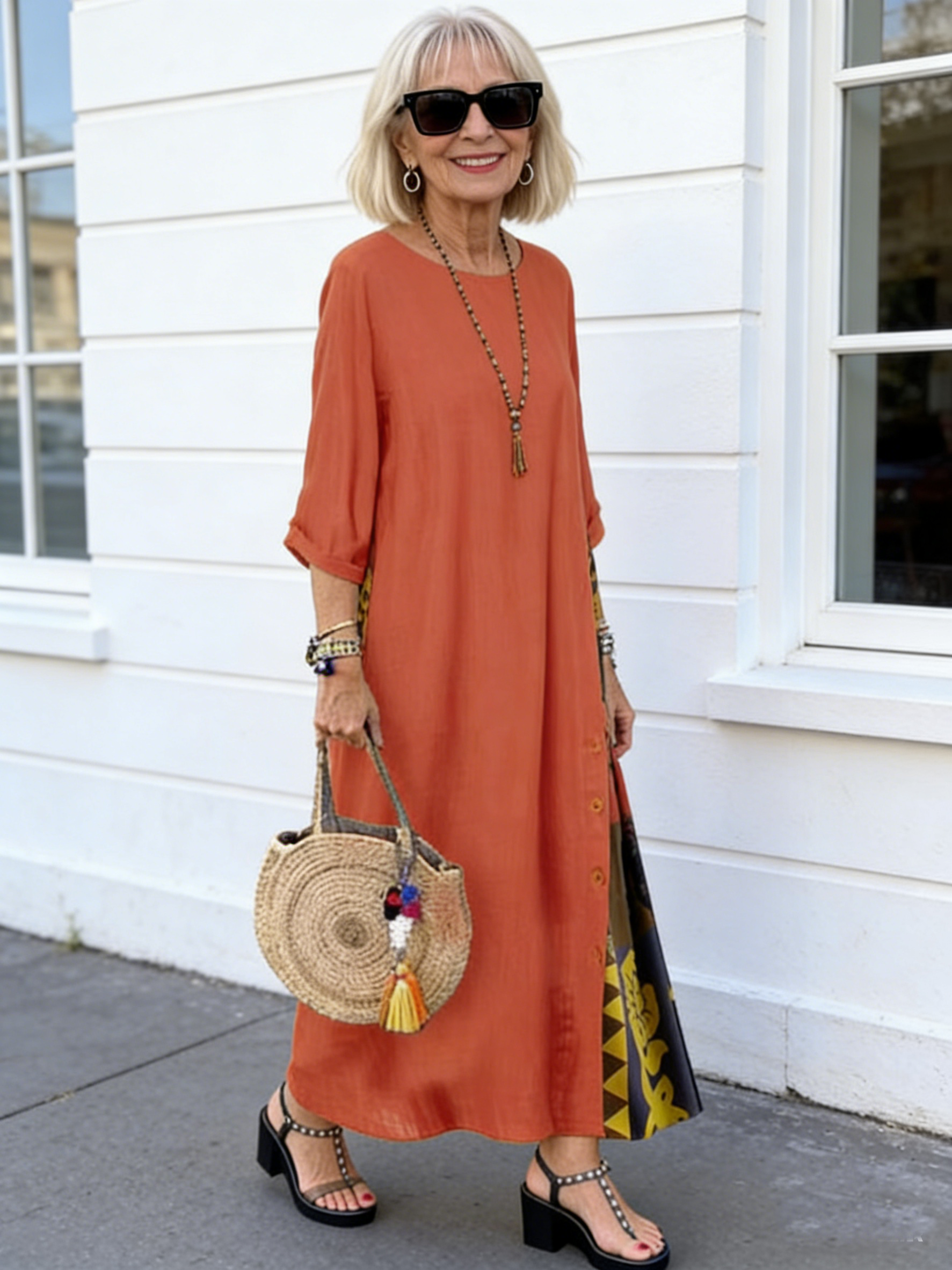 Floral round Neck Contrast Color Button Stitching 3/4 Sleeve Dress