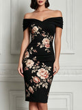 Black Floral Off-Shoulder Bodycon Midi Dress