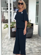 2Pcs Half-sleeve Beaded Top and Trouser Set