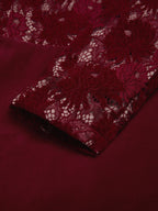 Midi Cotton Dress, Long Sleeves, Round Neck, Floral, Lace, Vintage, Red