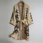 Retro Japanese Dragon Sword And Calligraphy Art Pattern Linen Blend Kimono