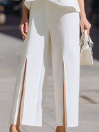 Asymmetric Draped Peplum Top Slit Wide-Leg Pants Set