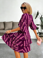 Lavender Chiffon Vacation Prints Color Round Neck Cake Skirt Splicing Dress Mid-length