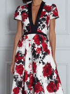 Deep V-Neck Contrast Trim Floral Print A-Line Midi Dress