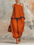 Burnt Orange Asymmetric Linen Two-Piece Set With Blue Trim