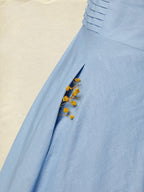 Midi Cotton Dress, Half Sleeve, V Neck, Plain, Lace, Vintage, Blue