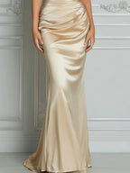 Champagne Lustrous Satin V‐Neck Maxi Evening Gown