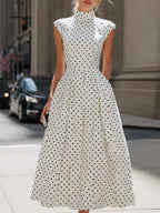 Vintage Polka Dot Mock Neck Cap-Sleeve Midi Dress