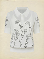 Sweater, Short Sleeves, Shawl Collar, Floral, Button Design, Inner Vest Not Included, White