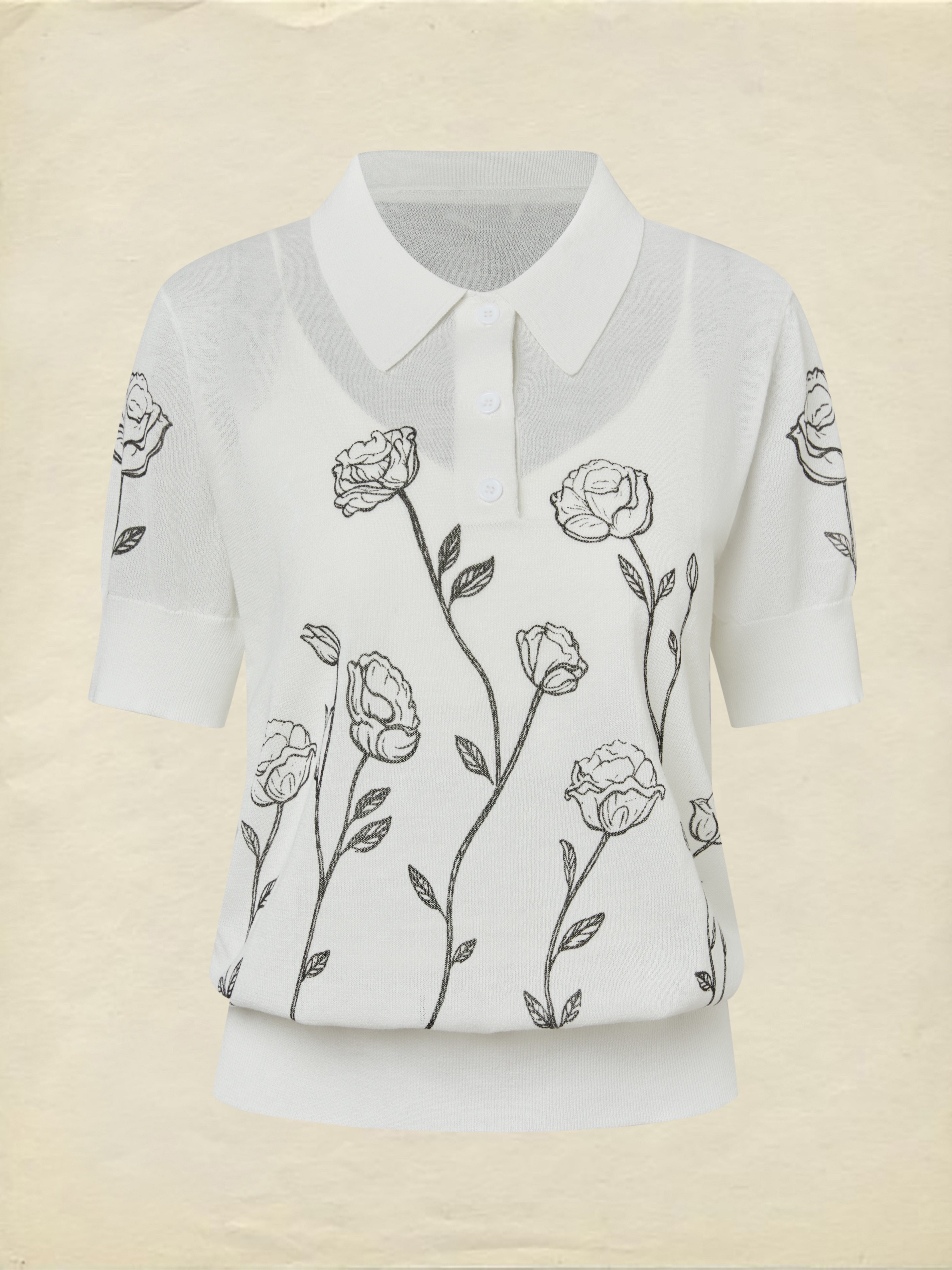 Sweater, Short Sleeves, Shawl Collar, Floral, Button Design, Inner Vest Not Included, White