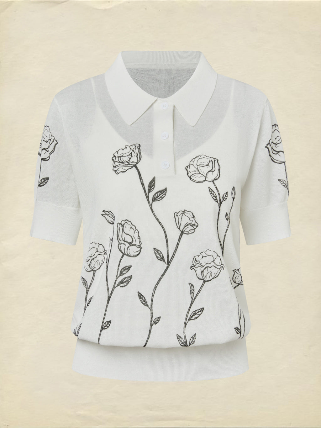 Sweater, Short Sleeves, Shawl Collar, Floral, Button Design, Inner Vest Not Included, White