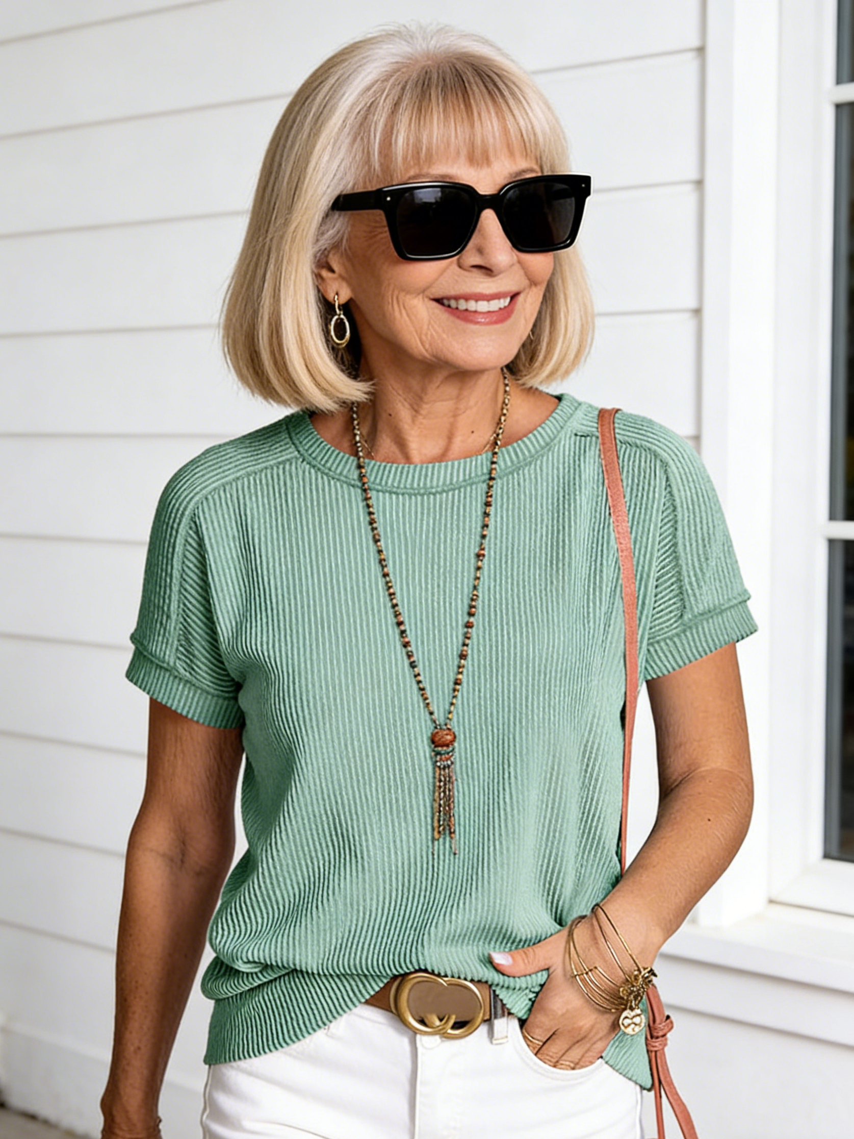 Textured Fabricround Neck Outer Seam Twist Strip Short Sleeve Loose T-shirt Women