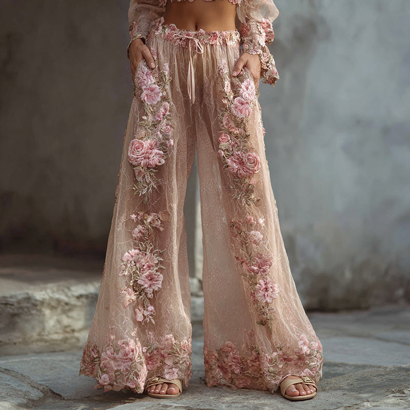 Women's Vintage Floral Embroidered Art Print Flowy Linen Blend Casual Pants