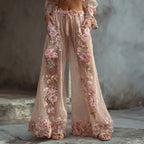 Women's Vintage Floral Embroidered Art Print Flowy Linen Blend Casual Pants