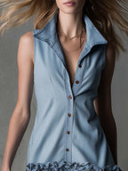 Vintage Western Elegance Lapel Front Buttons And Ruffled Hem Light Blue Denim Mini Dress