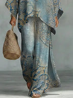 Women's Vintage Floral Art Comfortable Loose Cotton Linen Wide-leg Pants Two-piece Set