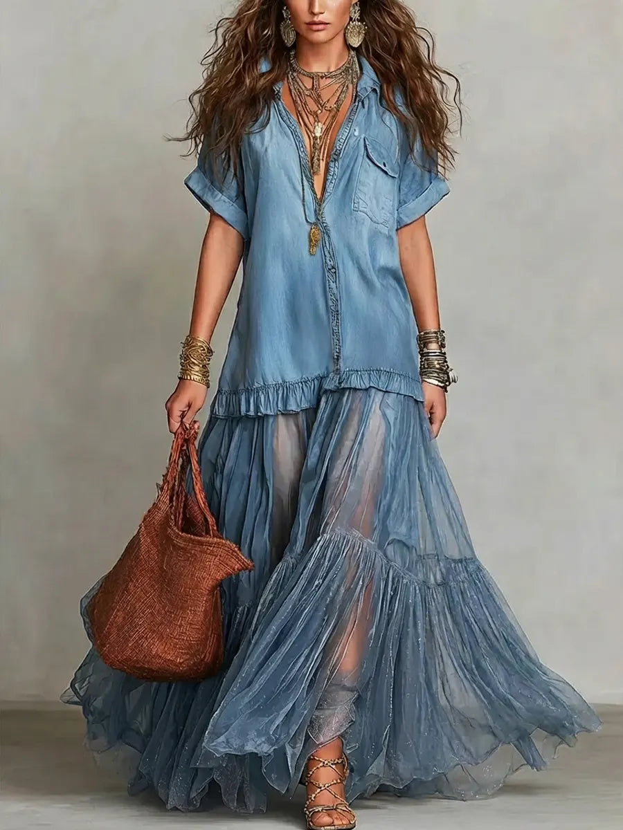 Women's Retro Lapel Denim Organza Patchwork Art Casual Maxi Dress