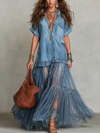 Women's Retro Lapel Denim Organza Patchwork Art Casual Maxi Dress