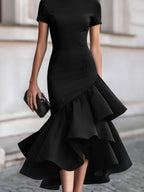 Asymmetrical Ruffle Hem Tailored Midi Dress