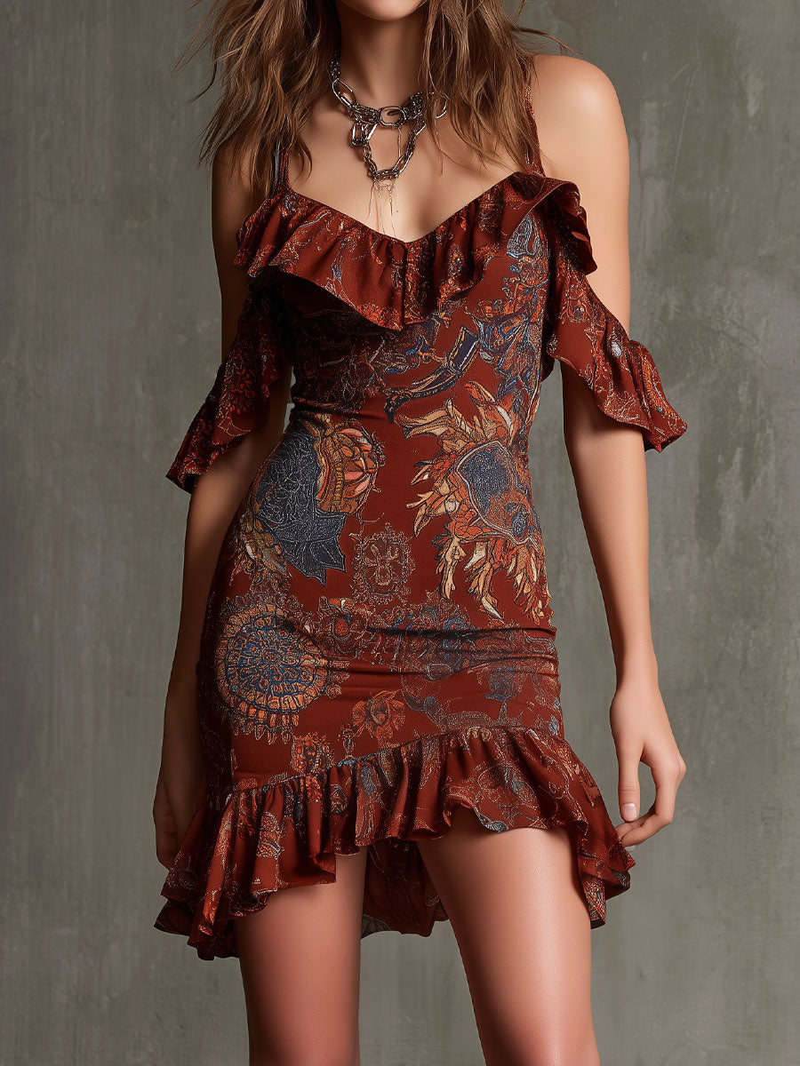 Bohemian Ember Ruffled Cold-Shoulder Mini Dress
