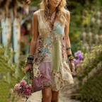 Women's Vintage Floral Splicing Cotton And Linen Tank Dress